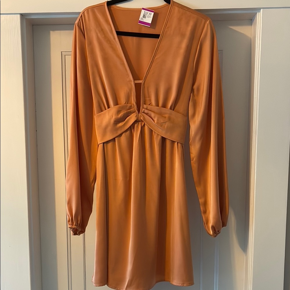 Orange Ruched Babydoll Dress with Bishop Sleeves